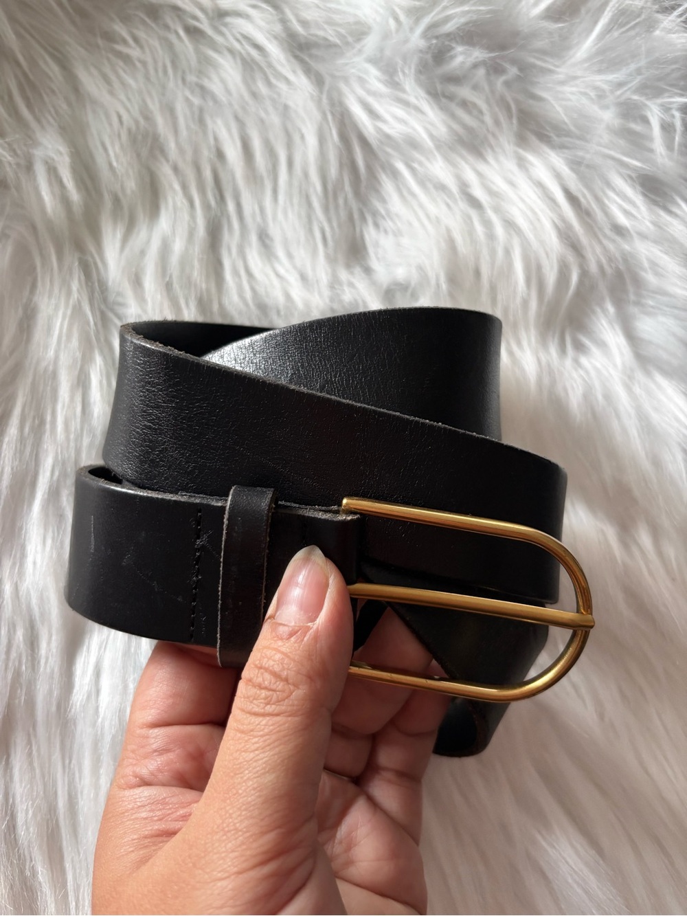 Babaton Black Leather Belt with Brass Rounded Double-Bar Buckle